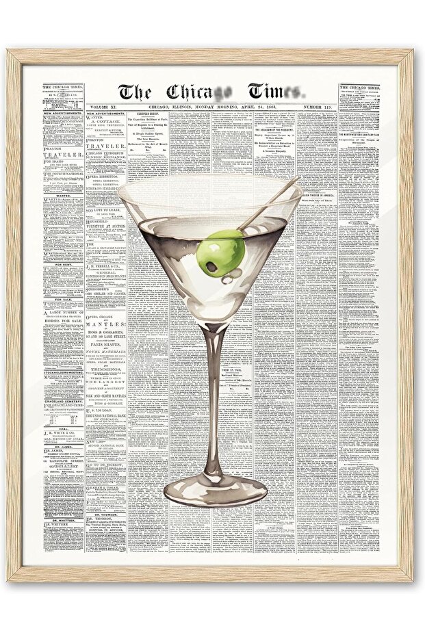 Newspaper Martini Wall Art (30x40 cm) – Retro Bar Cart Canvas Framed