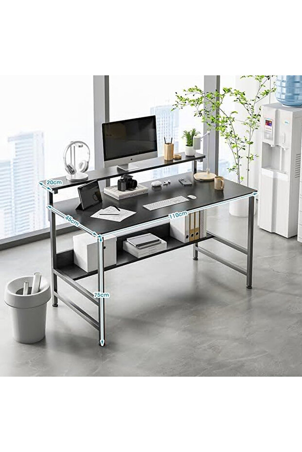 Study Desk with Bookshelf,Computer Table with Under-Desk Storage,Black - 6