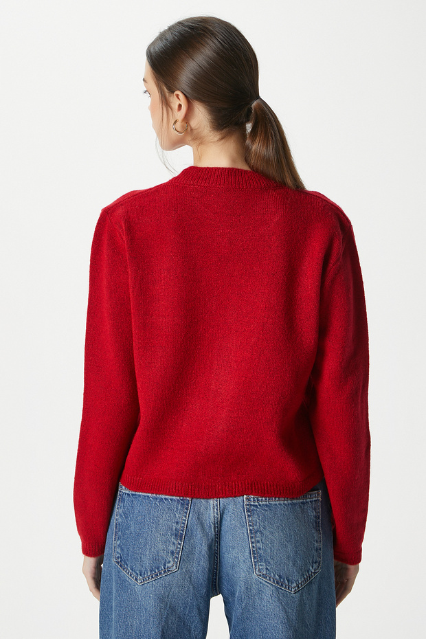 Kadın Nina Bisiklet Yaka Kırmızı Basic Hırka - 7