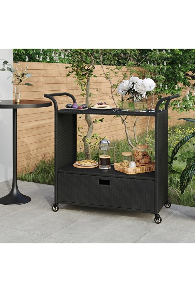 Bar Cart with Drawer Black 100x45x97 cm Poly Rattan