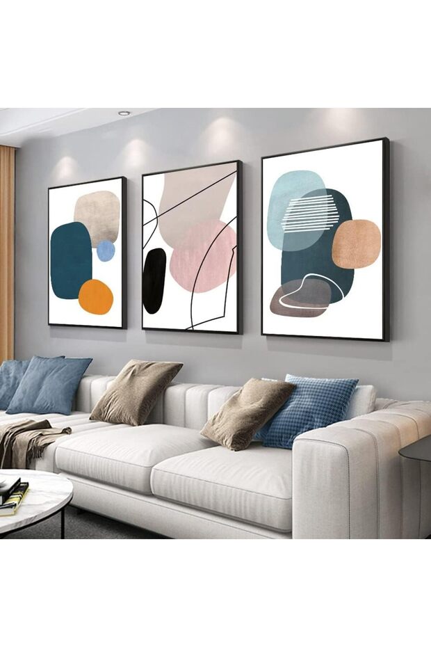 Abstract Color Block Wall Art (40x60 cm) – 3-Piece Framed Canvas Set in Orange, White & Blue