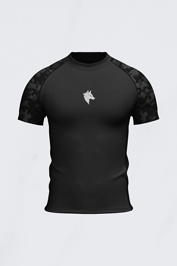 FitVult Kol Kamuflaj Baskılı Kısa Kollu Askeri Kamuflaj Compression Spor Tshirt Vücuda Yapışan Body İçlik