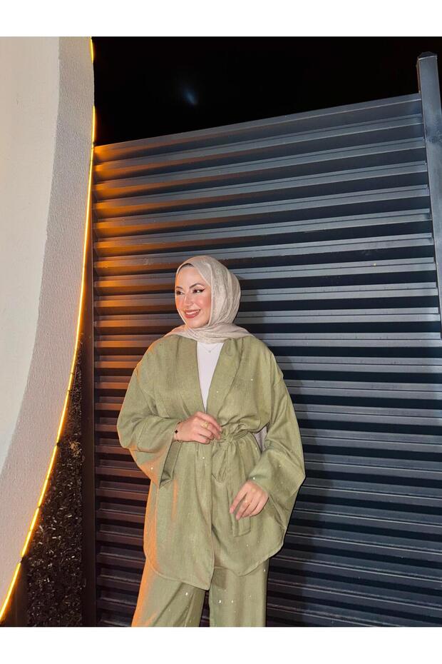 SALAŞ OVERSİZE KEMERLİ TAŞLI PULLU İKİLİ TAKIM - 1