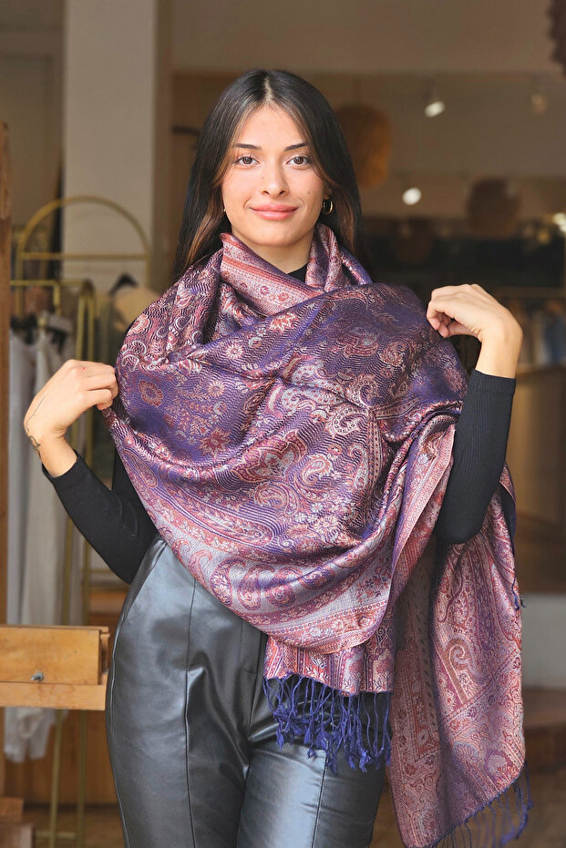Mor Jakarlı Baş Örtüsü Şal - 3