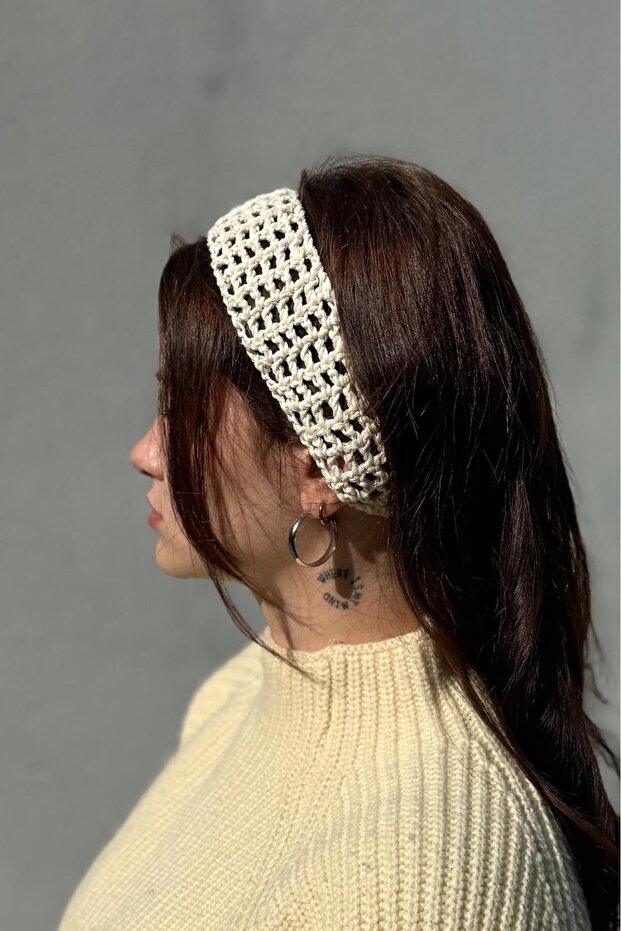 Cream Fishnet Style Braided Headband, Perforated Headband, Braided Bandana