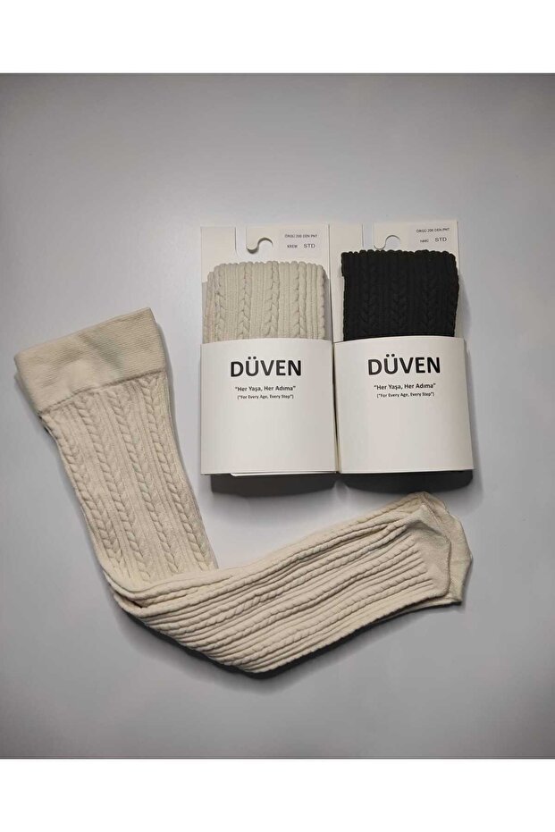 Pack of 2 Thick Winter Khaki & Cream Color Knee-High Socks with Soft Texture and Classic Knit Pattern