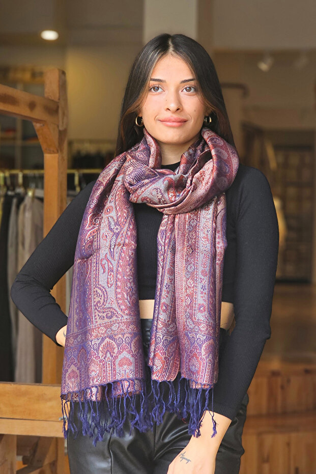 Mor Jakarlı Baş Örtüsü Şal - 4