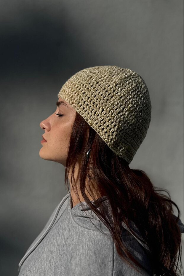 Beige Color Glitter Knitted Hat, Stylish Beanie, Unisex Hat