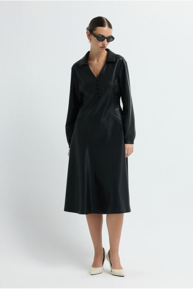 Midi Boy Deri Elbise - 5