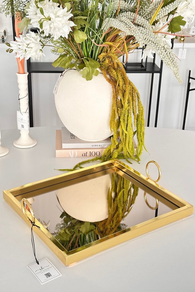 Metal Tray with Square Handles Gold, Decorative Tray with Smoked Mirror Finish