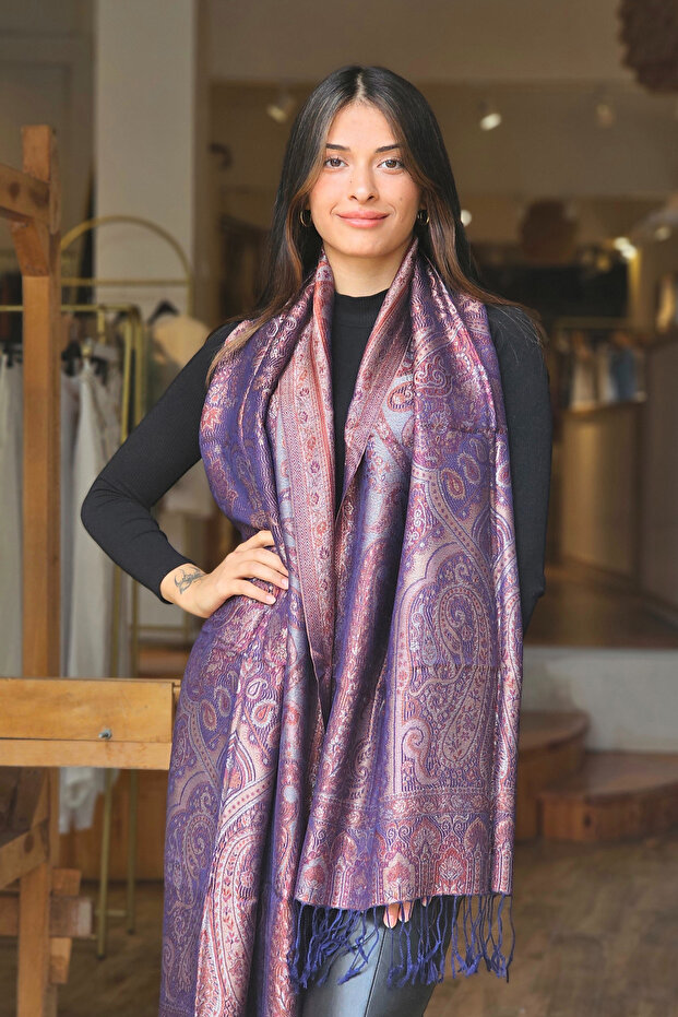 Mor Jakarlı Baş Örtüsü Şal - 2