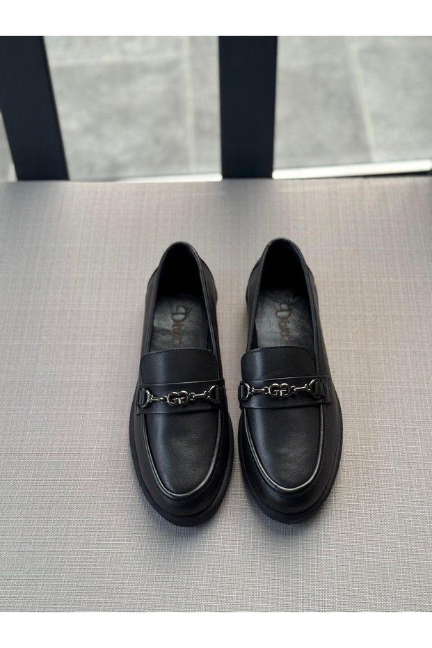 Black Leather Buckle Women's Casual Shoes
