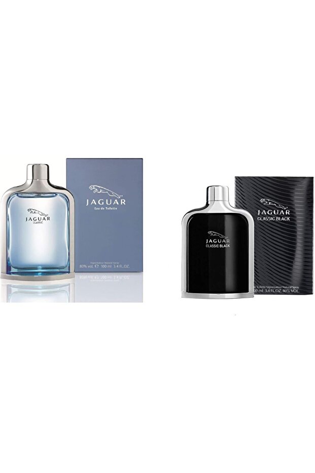 مجموعة من قطعتين: عطر جاكوار كلاسيك بلو للرجال 100 مل مع جاكوار بلاك أو دو تواليت