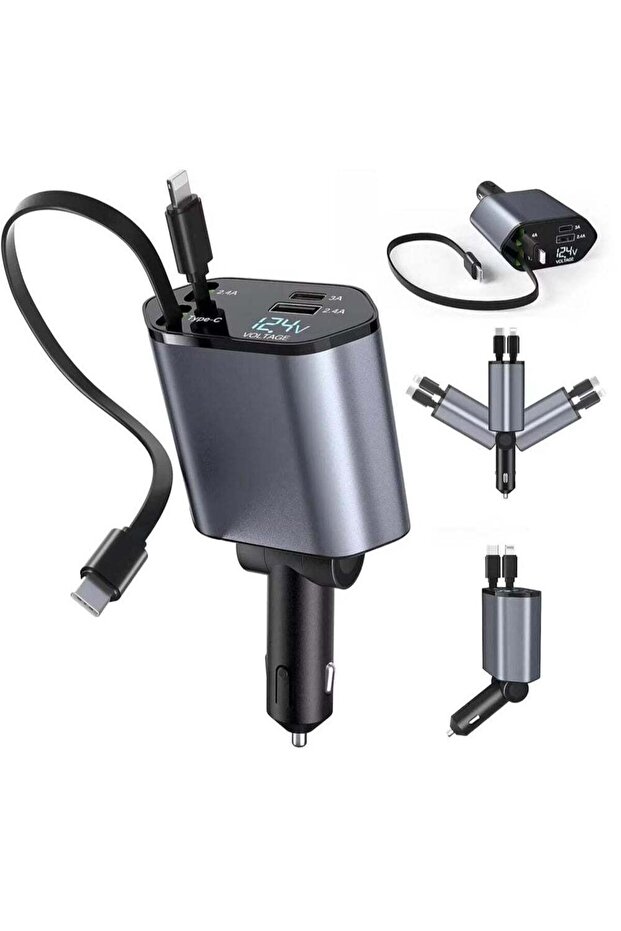 4-in-1 Retractable Car Charger – 60W Fast Charging, USB Type-C, Multi-Device, Fireproof ABS