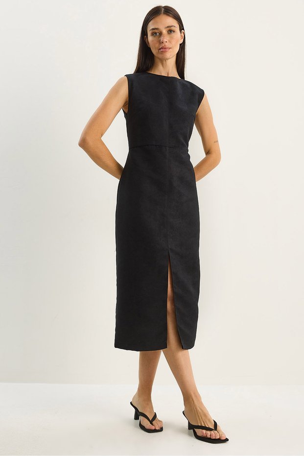 Women's Black Slit Detailed Woven Suede Midi Pencil Dress 10969 60283696