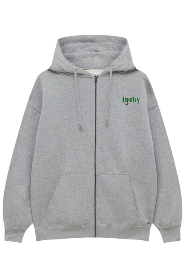 New Season Zippered 3-Ply Cotton Grey Printed Sweatshirt