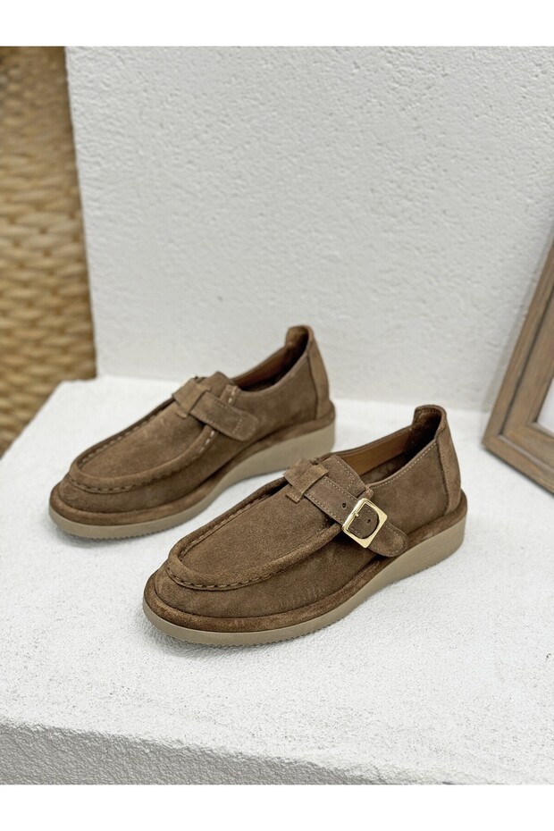 26K-001-R40228 Buckle Detail Genuine Leather Loafer Shoes for Women
