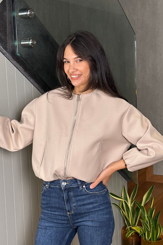 Krem Bomber Kaşe Ceket - 1