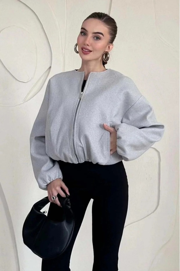 Women's Lined Pocketed Cashmere Bomber Jacket - Coat