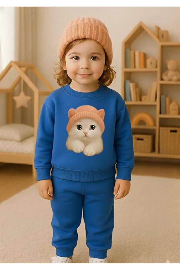 Tracksuit Set with Bereted Cat Pattern for Ages 3-4-5-6-7-8-9-10-11-12