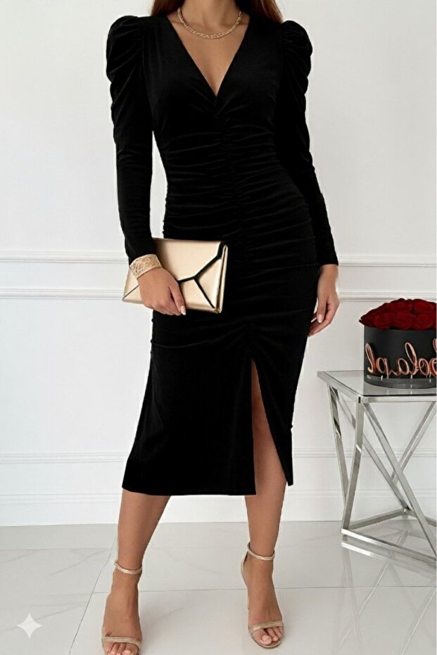 Women's Long Sleeve Deep Double Breasted Collared Front Shirred Slit Detail Velvet Midi Dress