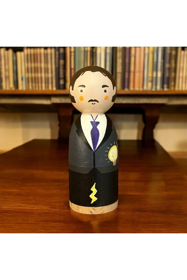 Design Waldorf Wooden Peg Doll, Nikola Tesla Kokeshi Doll