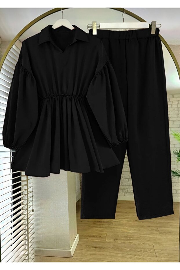 Liana Waist Elastic Shirt Collar Hijab Bottom Top Set