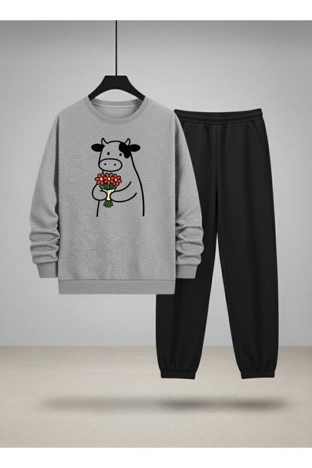 Children's Crew Neck Sweatshirt and Sweatpants Set Cow Holding Flowers Ba Printed Threaded Raised Letters