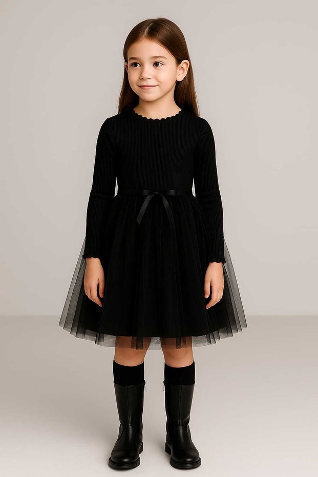 Girls' Princess Long Sleeve Dress with Tulle, Unprinted, Plain Top, Rib Knit Bottom, Lined Tutu Skirt