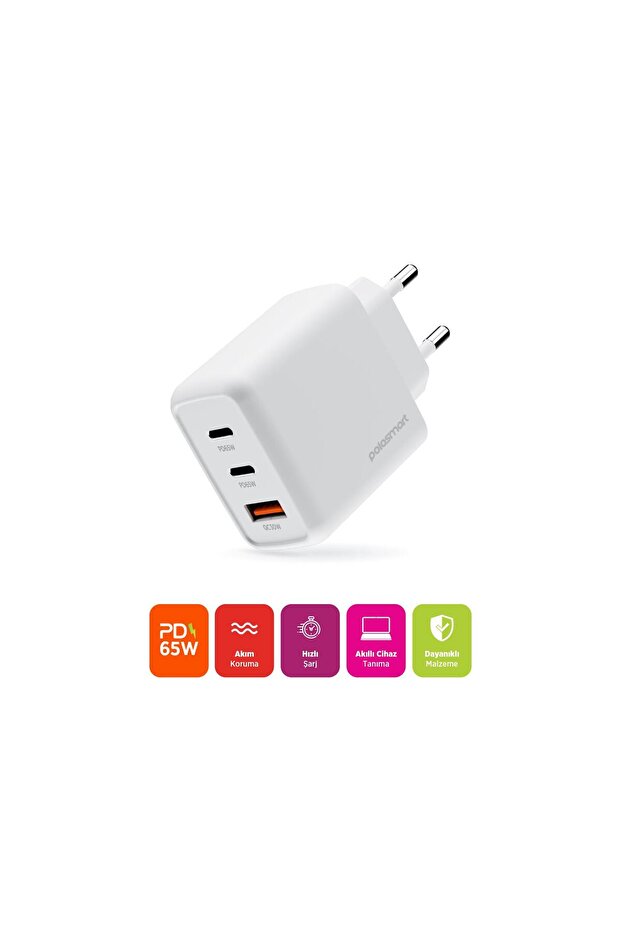 PSM135 65W PD Hızlı Şarj Adaptörü 2 Type-C + USB Çıkış (3 Port) Güvenli Şarj Beyaz - 2