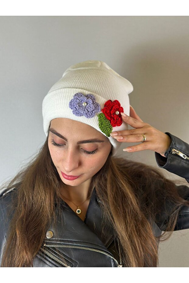 Hand Knitted Floral Embroidered Women's Beanie