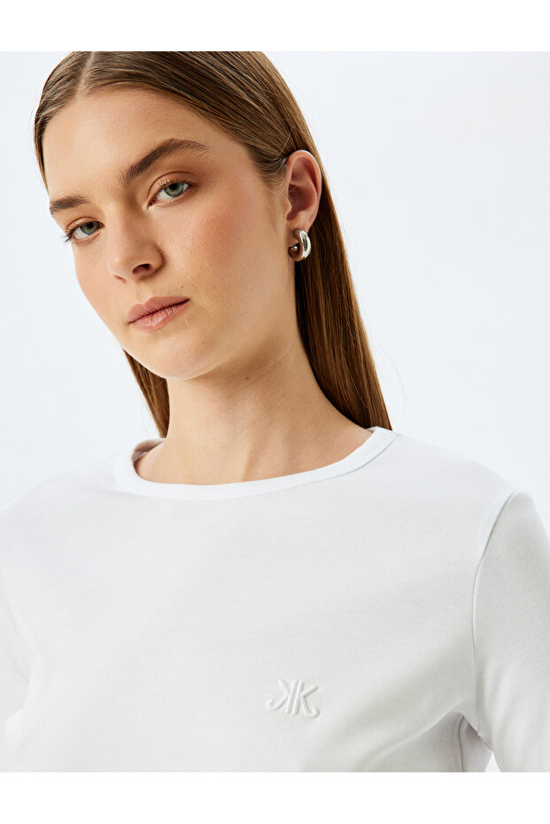 Long Sleeve T-Shirt Embroidery Detail Crew Neck Cotton