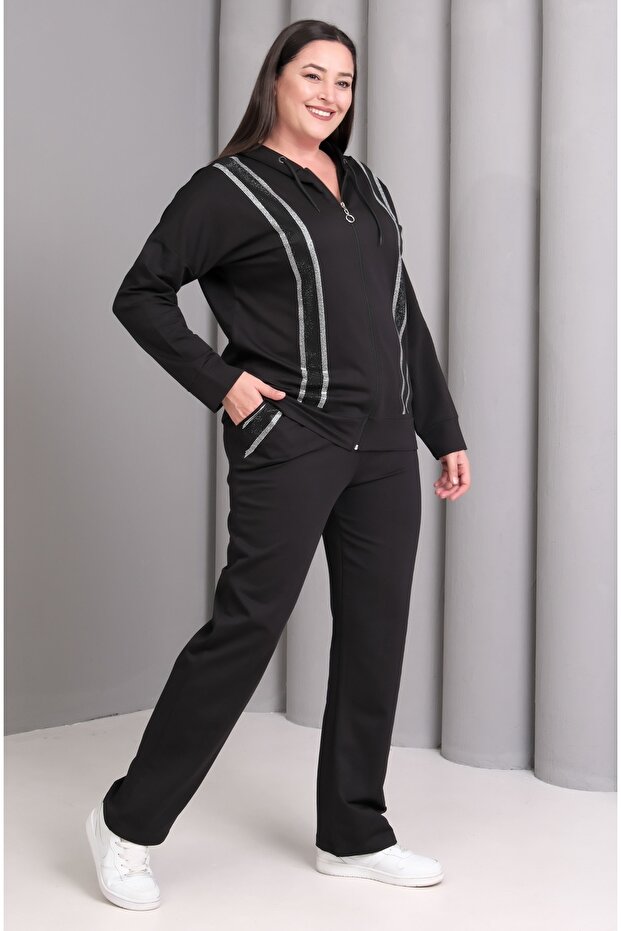 Women's Plus Size Black, Zipper Closure Stone Work, Pocket Pants, K Hooded Tracksuit Set 65N39224
