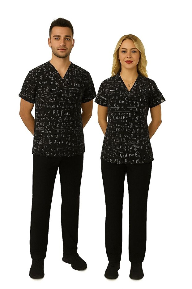 Unisex Formula Patterned Stretch Fabric Doctor Nurse Teacher Surgical Scrubs Uniform Set
