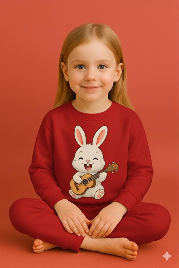 Sweatshirt Tracksuit Set Guitar Playing Rabbit Patterned