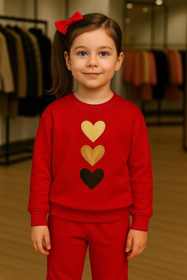 Tracksuit Set with Three Heart Patterns, Ages 3-4-5-6-7-8-9-10-11-12