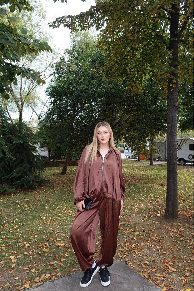 Women's Brown Oversized Balloon Sleeve Zippered Double Suit New-015