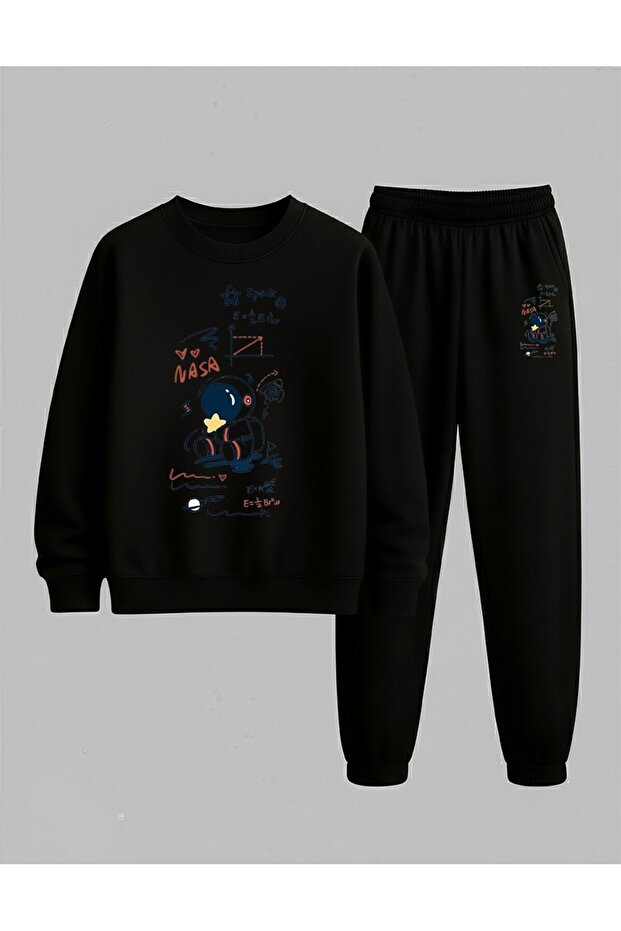 Children's Crew Neck Sweatshirt and Tracksuit Set Uzay Hesabi Printed 3 Thread Raised Lettering