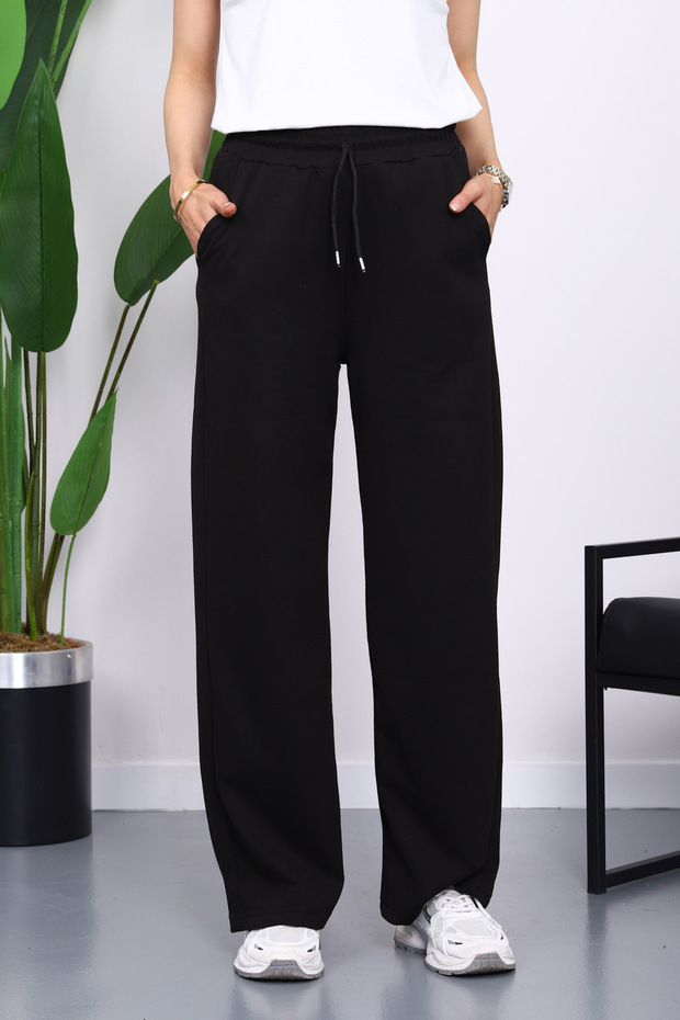 Black Elastic Waist Two Thread Palazzo Sweatpants