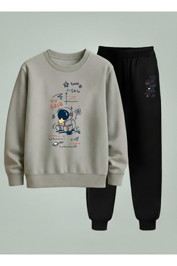 Children's Crew Neck Sweatshirt and Tracksuit Set Uzay Hesabi Printed 3 Thread Raised Lettering