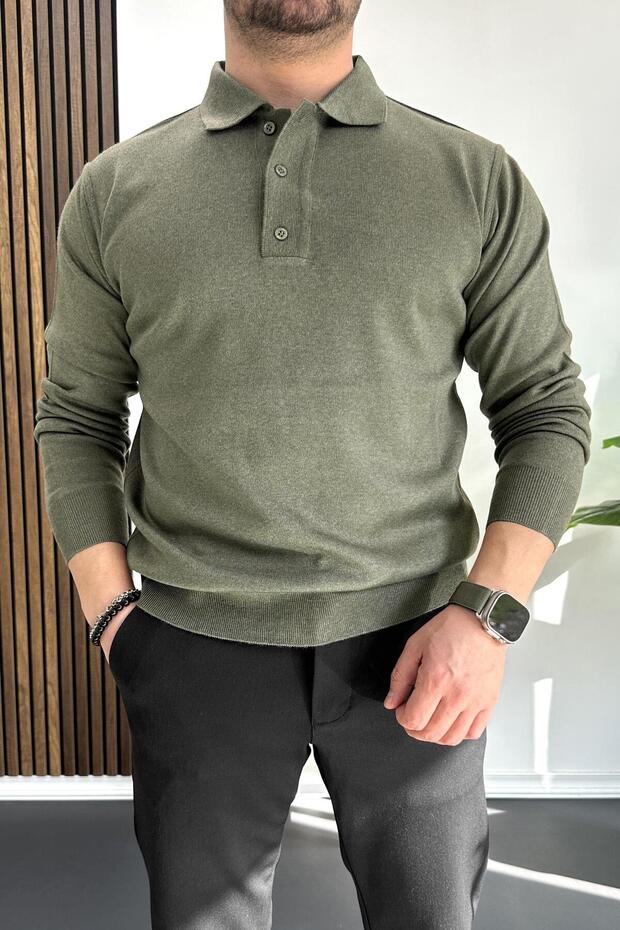 Men's Buttoned Polo Neck Sweater Khaki Edw231
