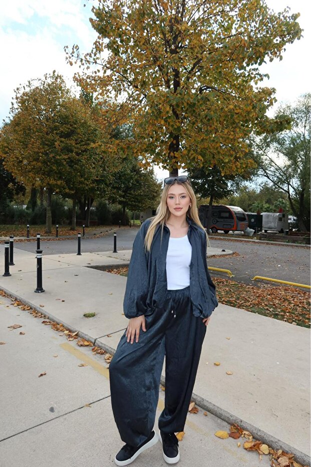 Women's Navy Blue Oversized Balloon Sleeve Zippered Double Suit New-015