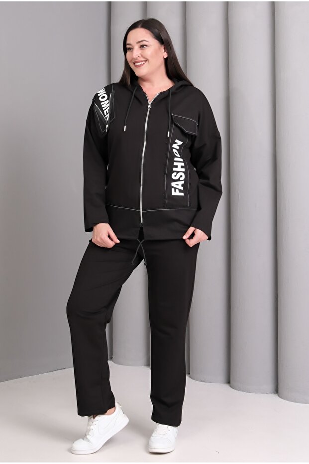 Women's Plus Size Black, Print Detailed Hooded Tracksuit Set