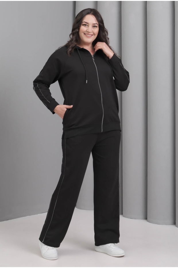 Women's Plus Size Black, Piped Detail , Hooded Tracksuit Set 65N39229