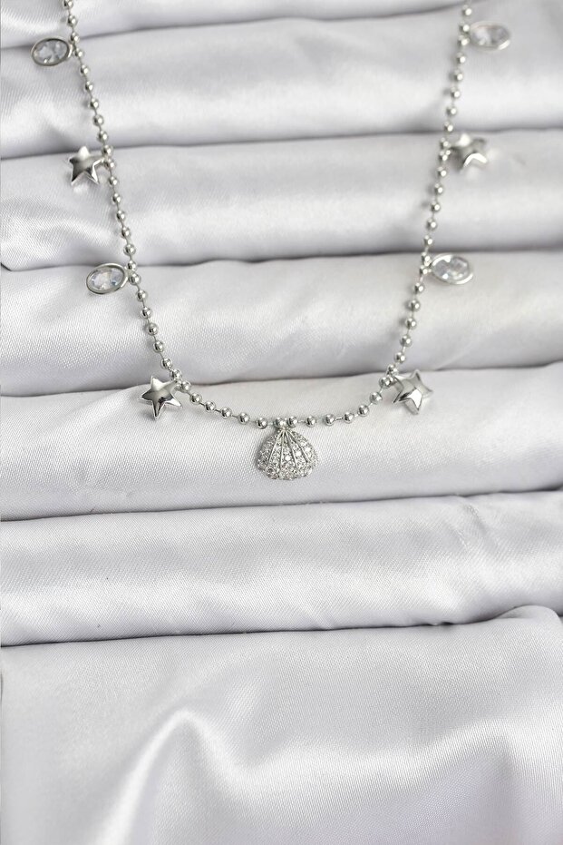 Brass Silver Color Zircon Stone Seashell Model Women's Necklace