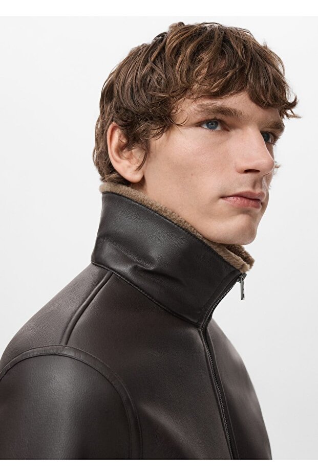 Kürklü deri görünümlü mont - 7