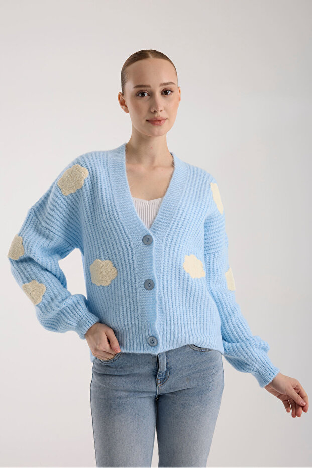 Bulut Desenli Oversize Triko Hırka - 3