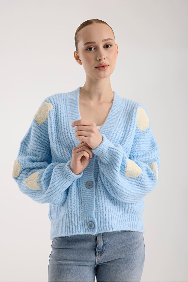 Bulut Desenli Oversize Triko Hırka - 5