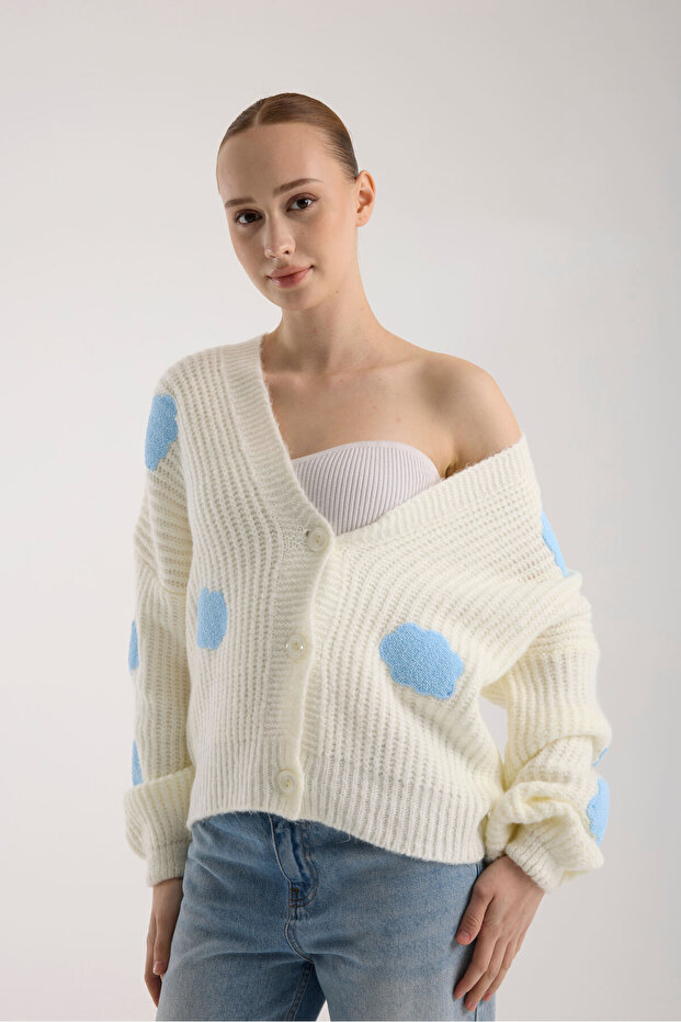 Bulut Desenli Oversize Triko Hırka - 4