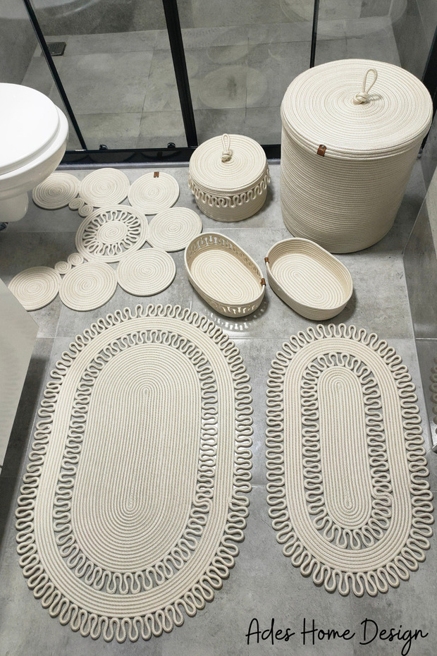 Jute Bathroom Set, Bathroom Set, Bath Mat, Mat Set, Laundry Basket, Toilet Seat Mat, Knitted Model